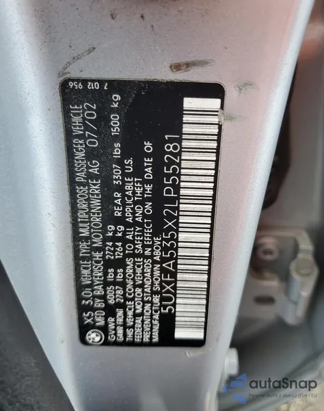 2002 BMW X5 3.0I из США, поврежденный, VIN 5UXFA535X2LP55281